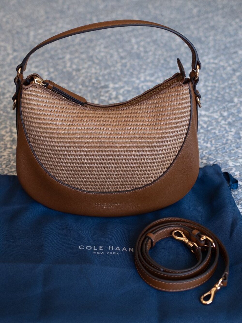 NWOT Cole Haan Women's Caterina Small Crossbody Saddle Bag in Tobacco with Straw